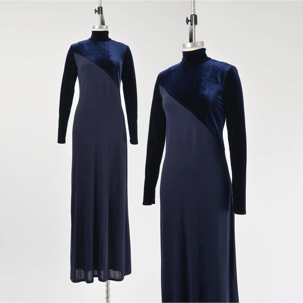 Vintage 90s Navy Velvet and Knit Stretchy Mock Neck Maxi Dress size XS S